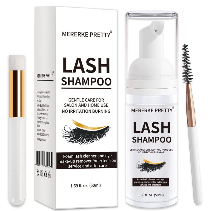 Mererke_Pretty Eyelash Extension Shampoo 50 ml + Brush - Eyelid Foaming Cleanser - Sensitive Paraben & Sulfate Free - Eyelash Wash and Lash Bath for Extensions - Salon Use and Home Care - Image 1